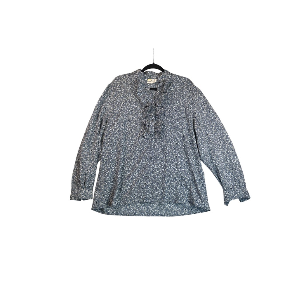 Diane von Furstenberg Vintage Floral Ruffle Blouse Blue White 1X Long Sleeve Top